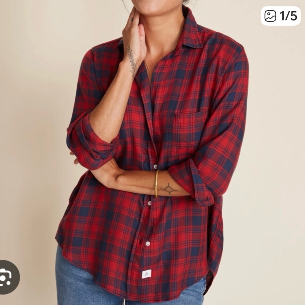 Women's cozy Grayson Hero Flannel red and blue checkered top.